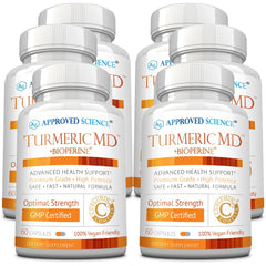 Approved Science Turmeric MD bottle front view with 360 capsules for six-month supply.