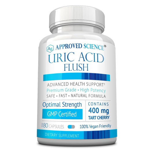 Approved Science Uric Acid Flush bottle with tart cherry capsules for joint support.