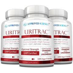 Approved Science Uritrac bottle front for daily urinary health support.