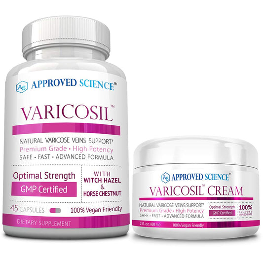 Approved Science Varicosil capsules bottle for vegan daily vascular comfort.
