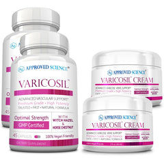 Approved Science Varicosil capsules bottle supports daily leg comfort.