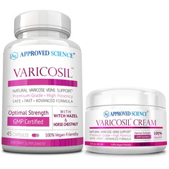 Approved Science Varicosil capsules bottle for vegan daily vascular comfort.