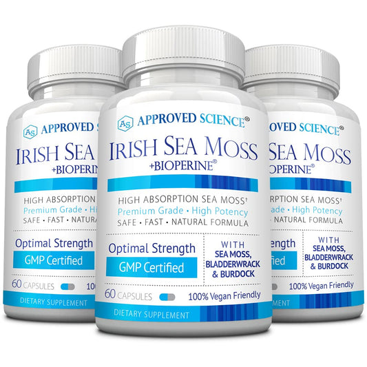 Approved Science Wild-Crafted Irish Sea Moss bottle and capsules promoting immune support