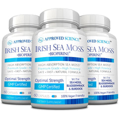 Approved Science Wild-Crafted Irish Sea Moss bottle and capsules promoting immune support