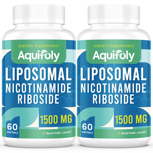Aquifoly liposomal nicotinamide riboside softgels bottle highlighting advanced delivery for potential NAD+ support.