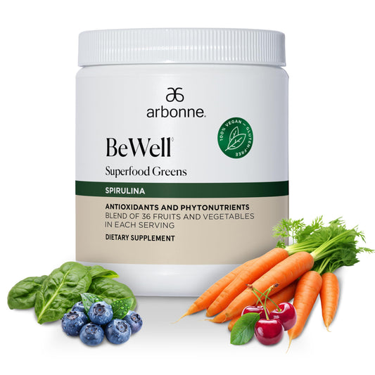 Arbonne BeWell green powder bottle offers a convenient daily greens boost for smoothies.