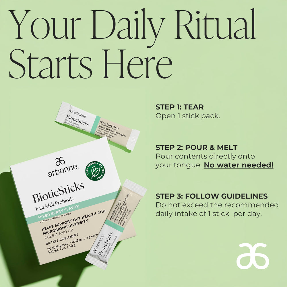 Arbonne BioticSticks mixed berry label highlights kid-friendly flavor.