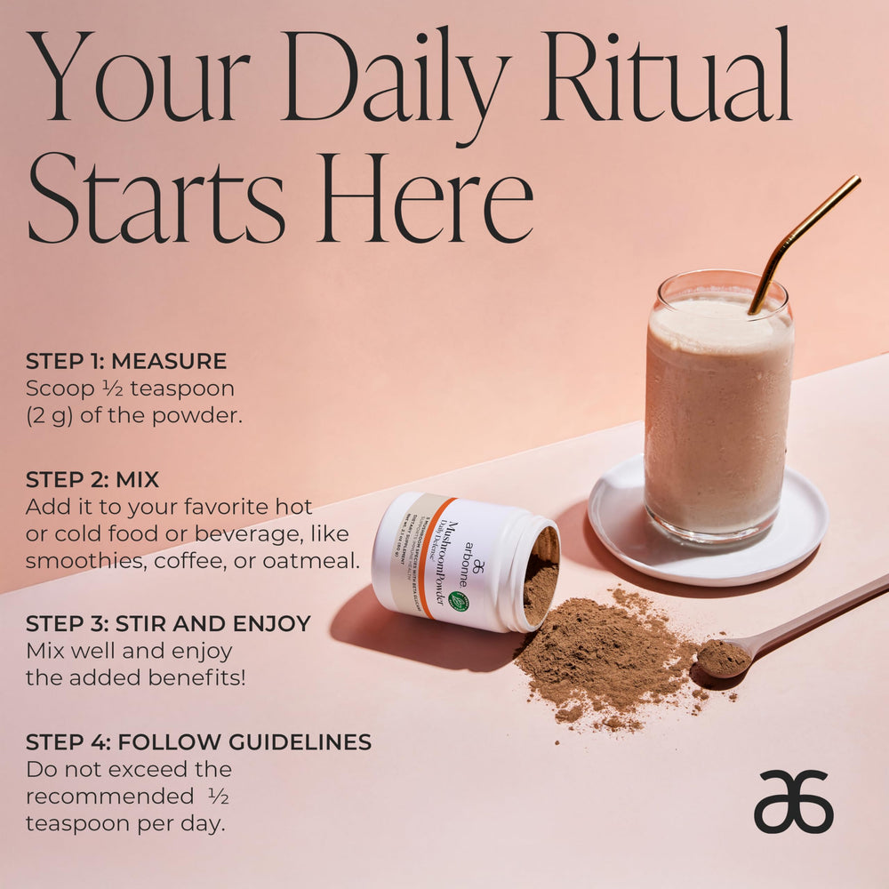 Arbonne Daily Defense label highlights a five-ingredient organic mushroom blend.