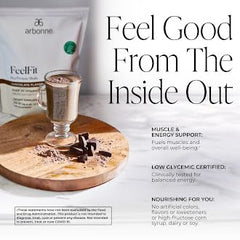 Arbonne Feelfit pea protein shake scoop close-up shows 20g protein per serving.