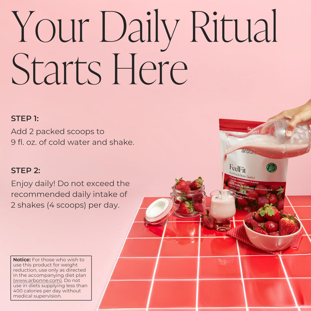 Arbonne FeelFit strawberry pour image suggesting dairy-free protein for workouts.