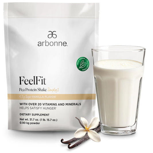 Arbonne Feelfit Vanilla bottle pouring a plant-based protein boost.