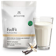 Arbonne Feelfit Vanilla bottle pouring a plant-based protein boost.