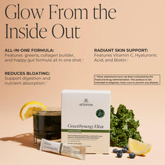 Arbonne GreenSynergy Elixir stick-pack close-up highlighting citrus flavor and on-the-go use.