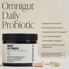 Arbonne OmniGut capsules close-up highlighting probiotic capsules.