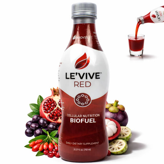 Ardyss Le’Vive Red juice bottle front view showing vibrant fruit blend for a refreshing anytime treat