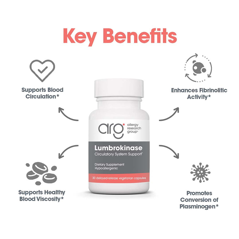 ARG Lumbrokinase delayed-release capsules indicating targeted delivery.