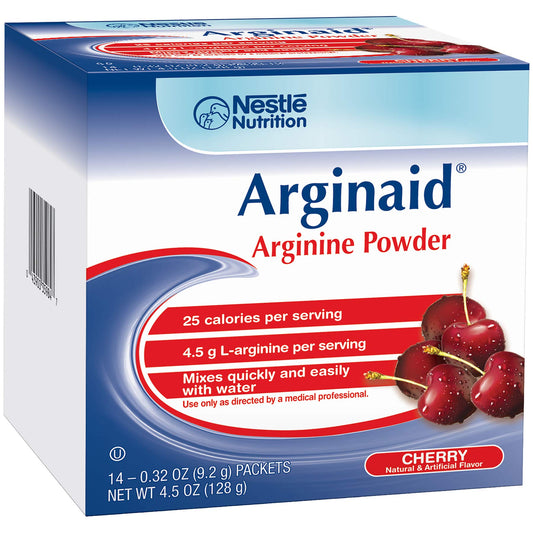 Arginaid Arginine cherry powder drink mix packaging highlights 4.5 g per serving.