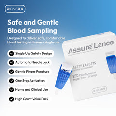 ARKAY Assure Lance 25G lancet showing 2mm depth for gentle puncture.