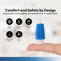 ARKAY Assure Lance 25G lancet activation button enables quick sampling.