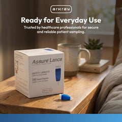 ARKAY Assure Lance 25G lancet box view highlights ample sterile supply.