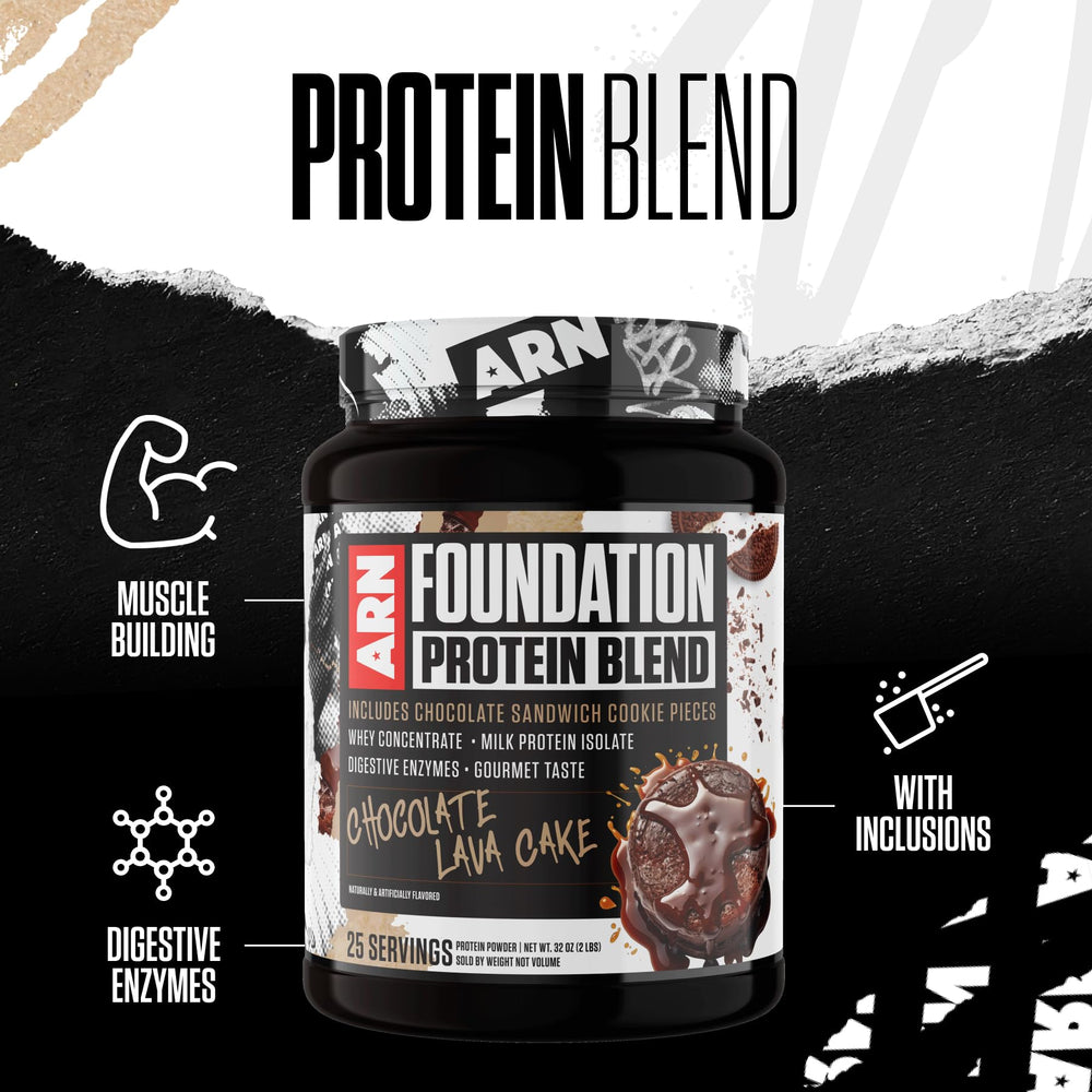 Arms Race Foundation Protein Blend bag highlights chocolate lava cake flavor and gourmet inclusions.
