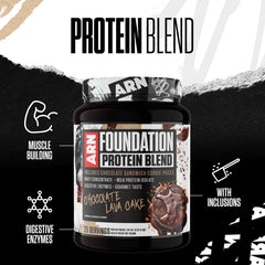 Arms Race Foundation Protein Blend bag highlights chocolate lava cake flavor and gourmet inclusions.