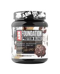 Arms Race Foundation Protein Blend bottle shows chocolate lava cake flavor for post-workout recovery.
