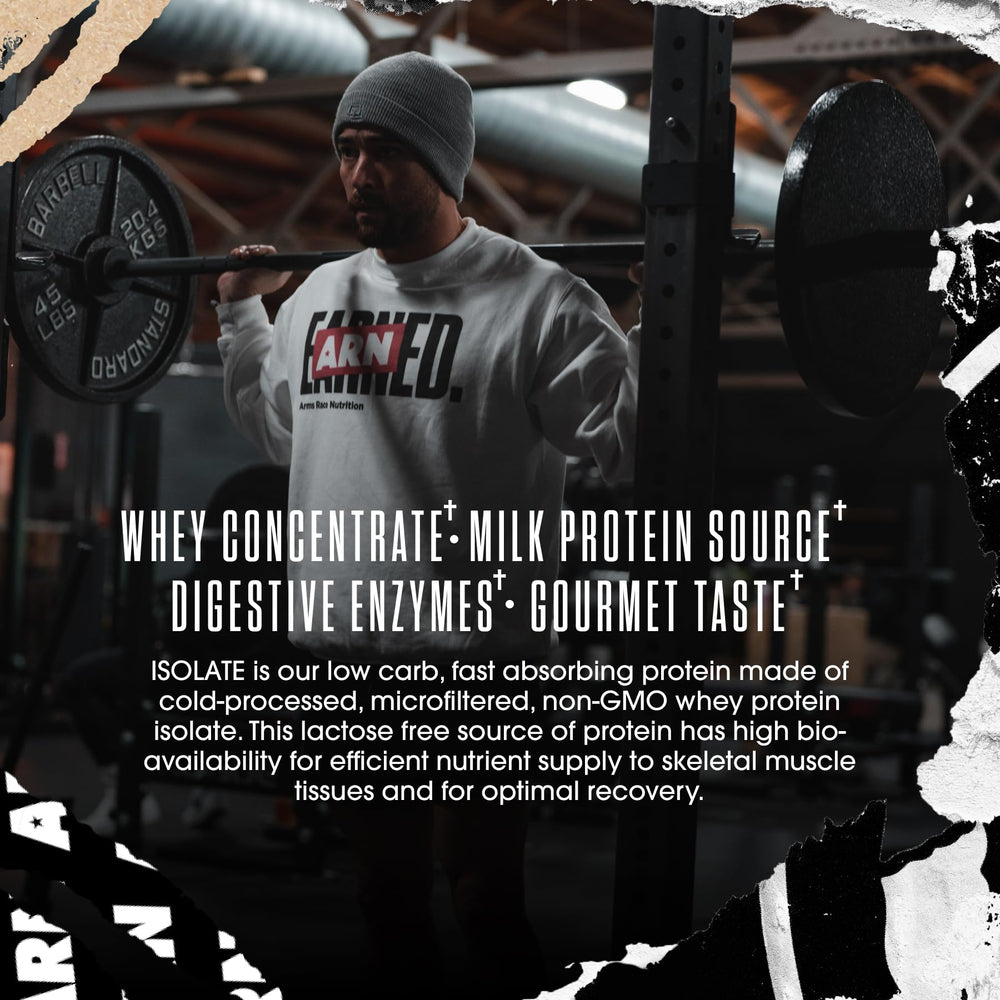 Arms Race Foundation Protein Blend close-up reveals flavor-rich texture for indulgent shakes.