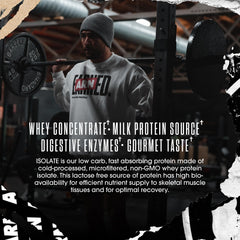 Arms Race Foundation Protein Blend close-up reveals flavor-rich texture for indulgent shakes.