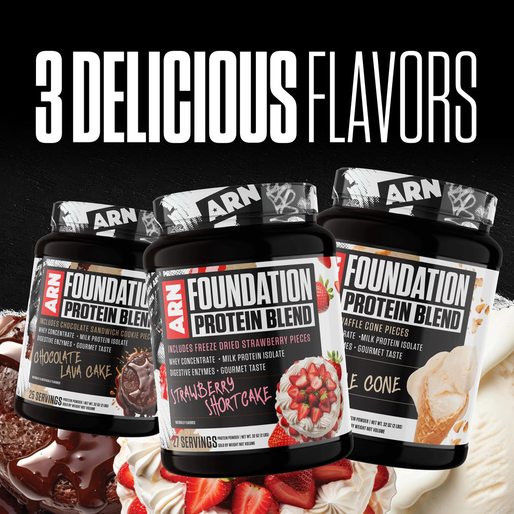Arms Race Foundation Protein Blend jar features nutrition facts and serving size.