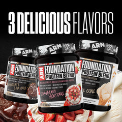 Arms Race Foundation Protein Blend jar features nutrition facts and serving size.