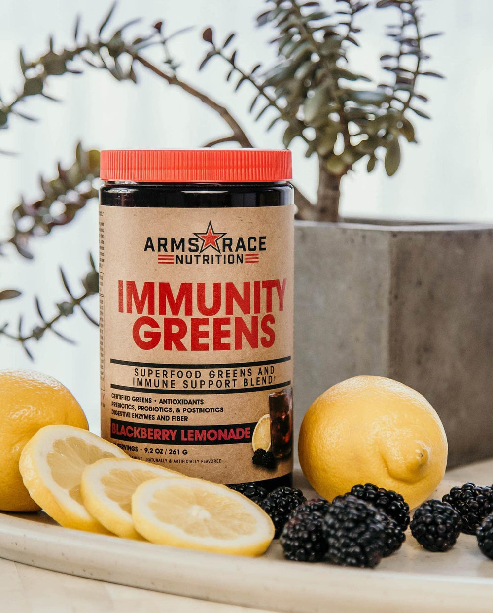 Arms Race Immunity Greens label closeup shows nutrients and blends.