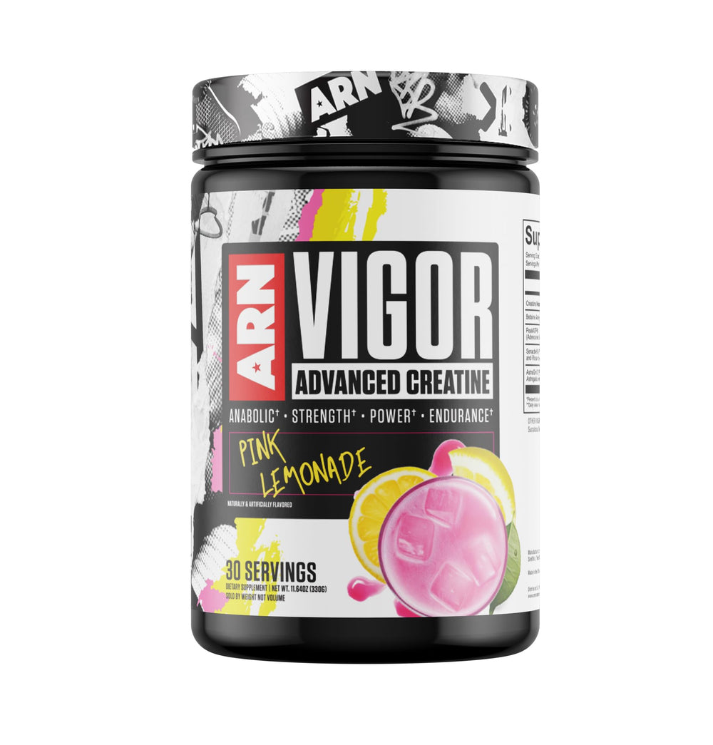 Arms Race Nutrition Vigor pink lemonade tub front view for daily training support