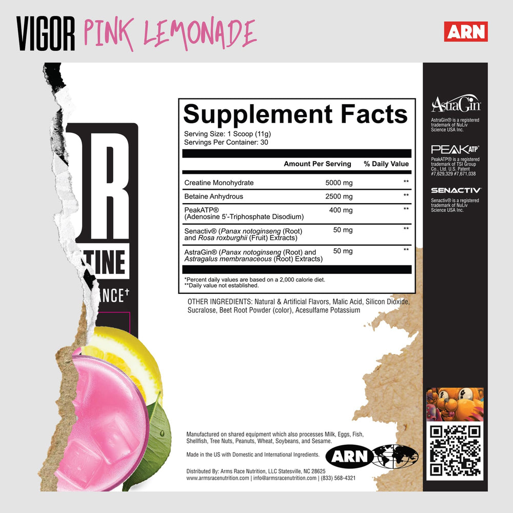 Arms Race Nutrition Vigor scoop with precise dosage for consistent intake
