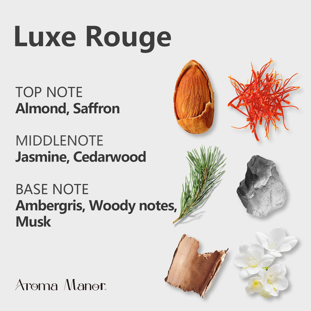 Pour-ready Luxe Rouge bottle for quick diffusion of a luxurious scent.