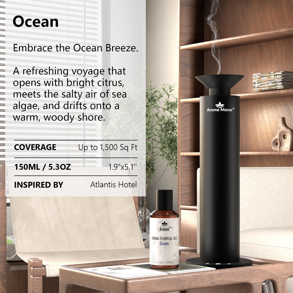 Aroma Manor Ocean diffuser oil amber accent creating warm ambience.