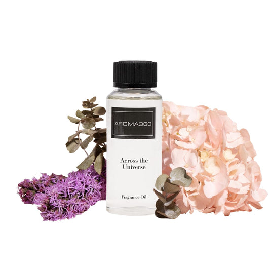 Aroma360 Across The Universe bottle closeup with eucalyptus and citrus for a refreshing ambiance.
