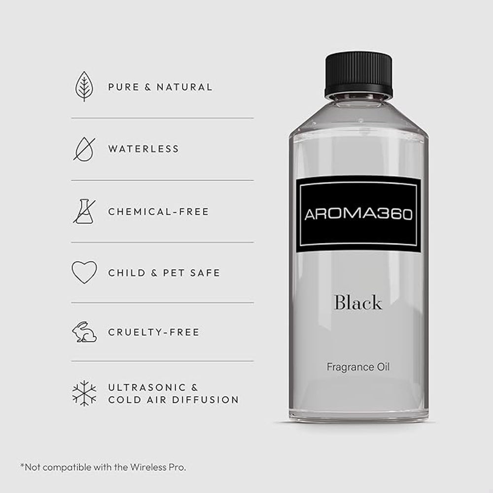 Aroma360 Black Diffuser Oil Blend in a stylish diffuser setup elevates room ambiance
