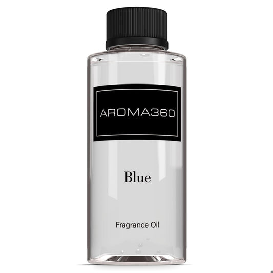 Aroma360 Blue diffuser oil bottle highlights rich fragrance for inviting spaces.