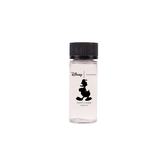 Aroma360 Disney Feisty Charm bottle shows a Donald Duck-inspired blend for premium room fragrance.