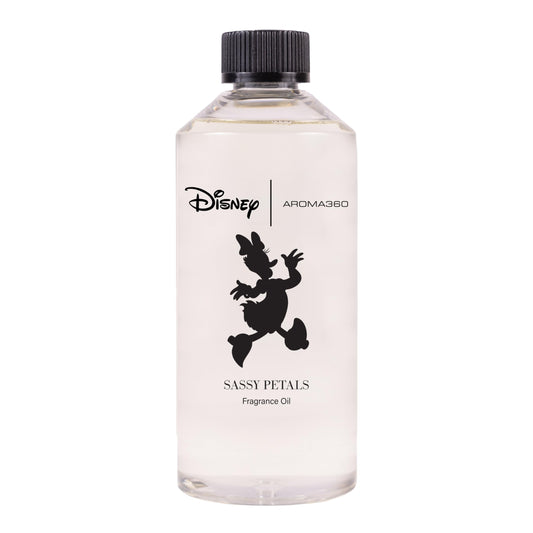 Aroma360 Daisy Duck Sassy Petals bottle closeup adds bold floral mood to any room.