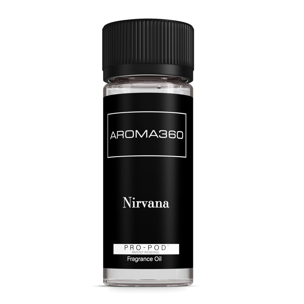 Aroma360 Nirvana Pro Pod 50ml bottle releasing a refined lemon-jasmine blend for luxury diffusers.
