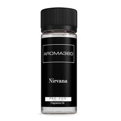 Aroma360 Nirvana Pro Pod 50ml bottle releasing a refined lemon-jasmine blend for luxury diffusers.