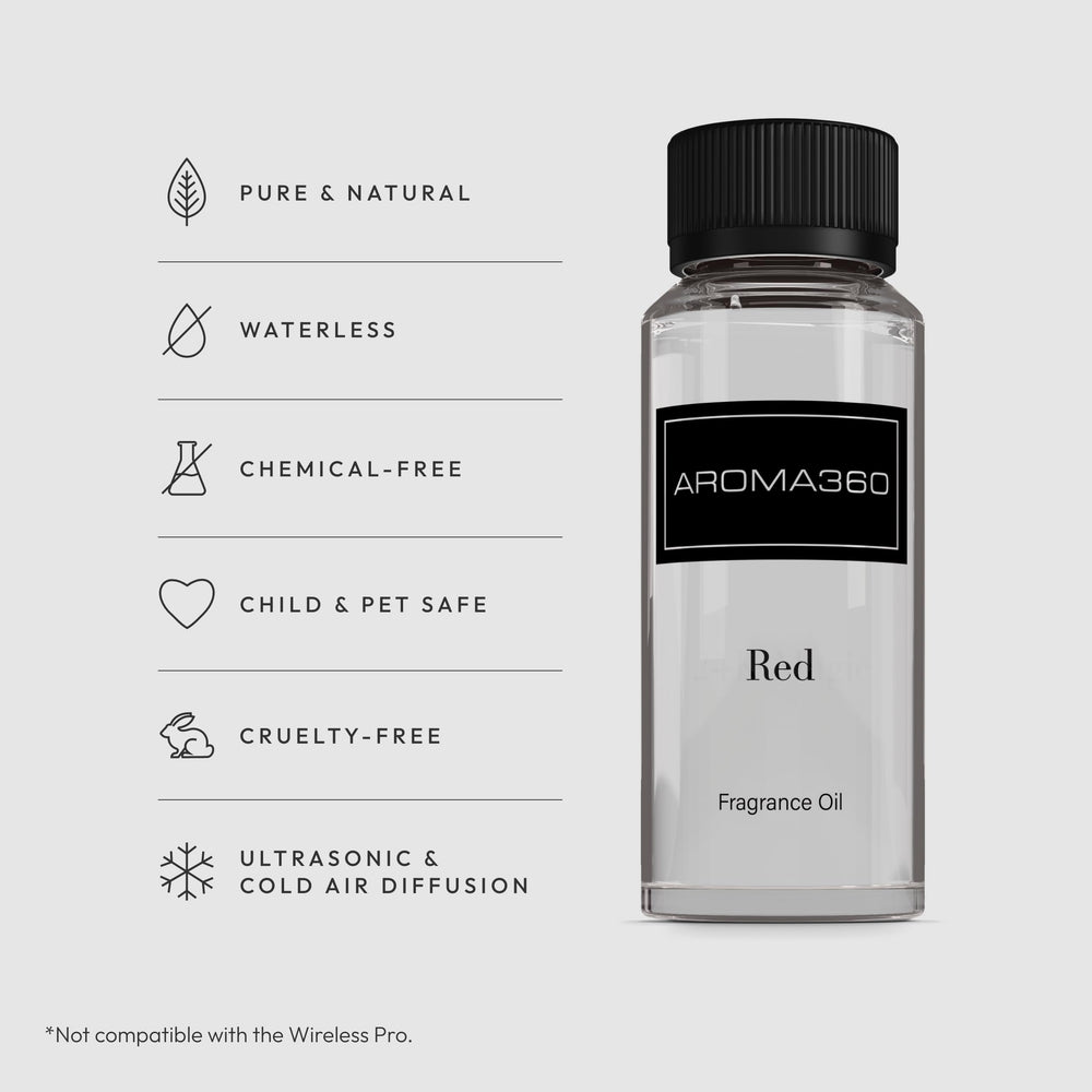 Aroma360 Red Diffuser Oil Label shows ruby grapefruit and amber notes for elegance.