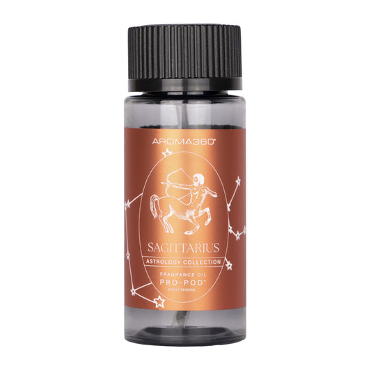 Aroma360 Sagittarius Pro-Pod bottle close-up for long-lasting hotel-inspired fragrance.