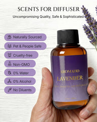Aromadd Lavender diffuser oil branding in a hospitality setting.