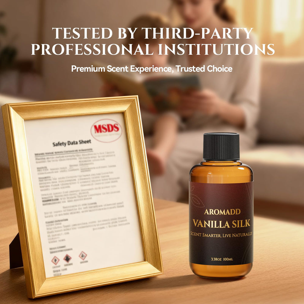 Aromadd Vanilla Silk bottle in a living room setup for ambient scenting