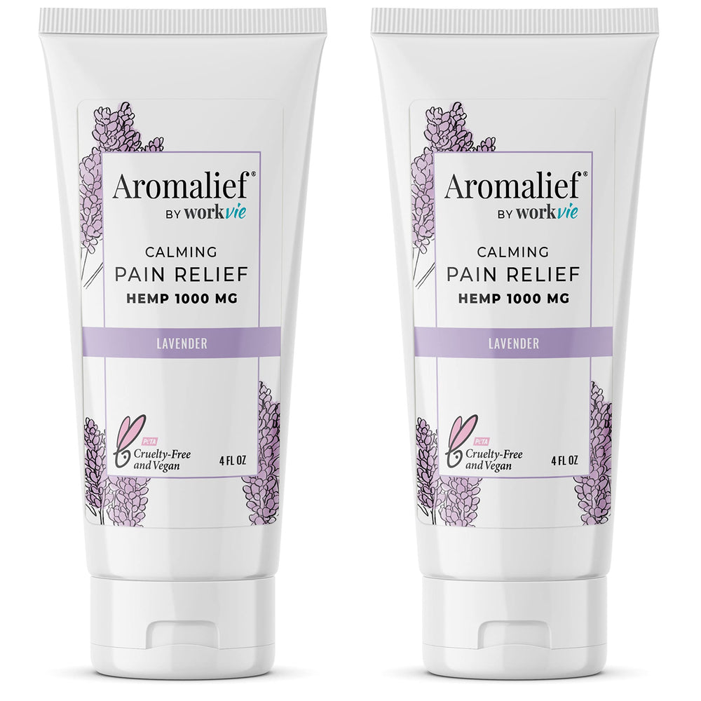 Aromalief Lavender Relief Therapy Cream packaging highlights vegan, cruelty-free formula.