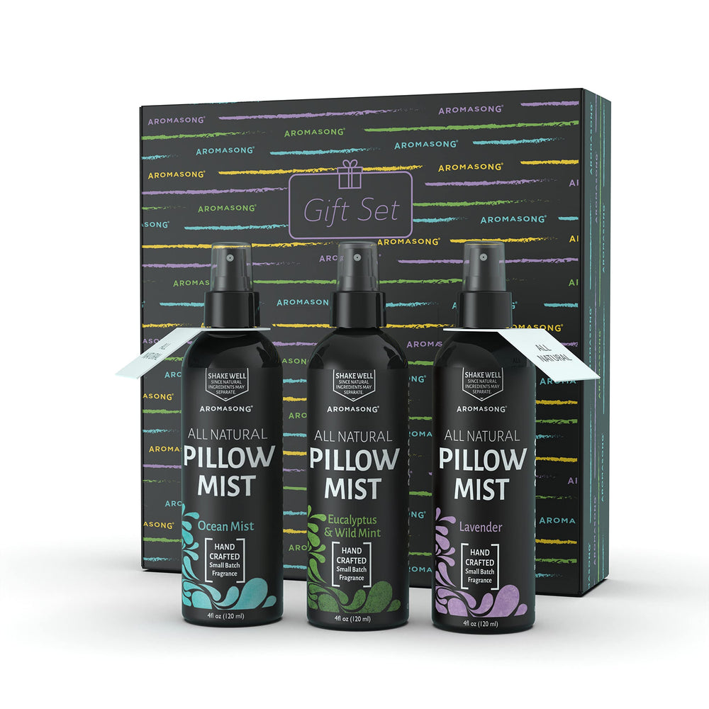 Aromasong lavender pillow spray on a pillow for calm evenings.