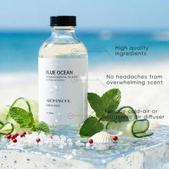 AROMASOUL Blue Ocean diffuser table-top scene suggests mood uplift.